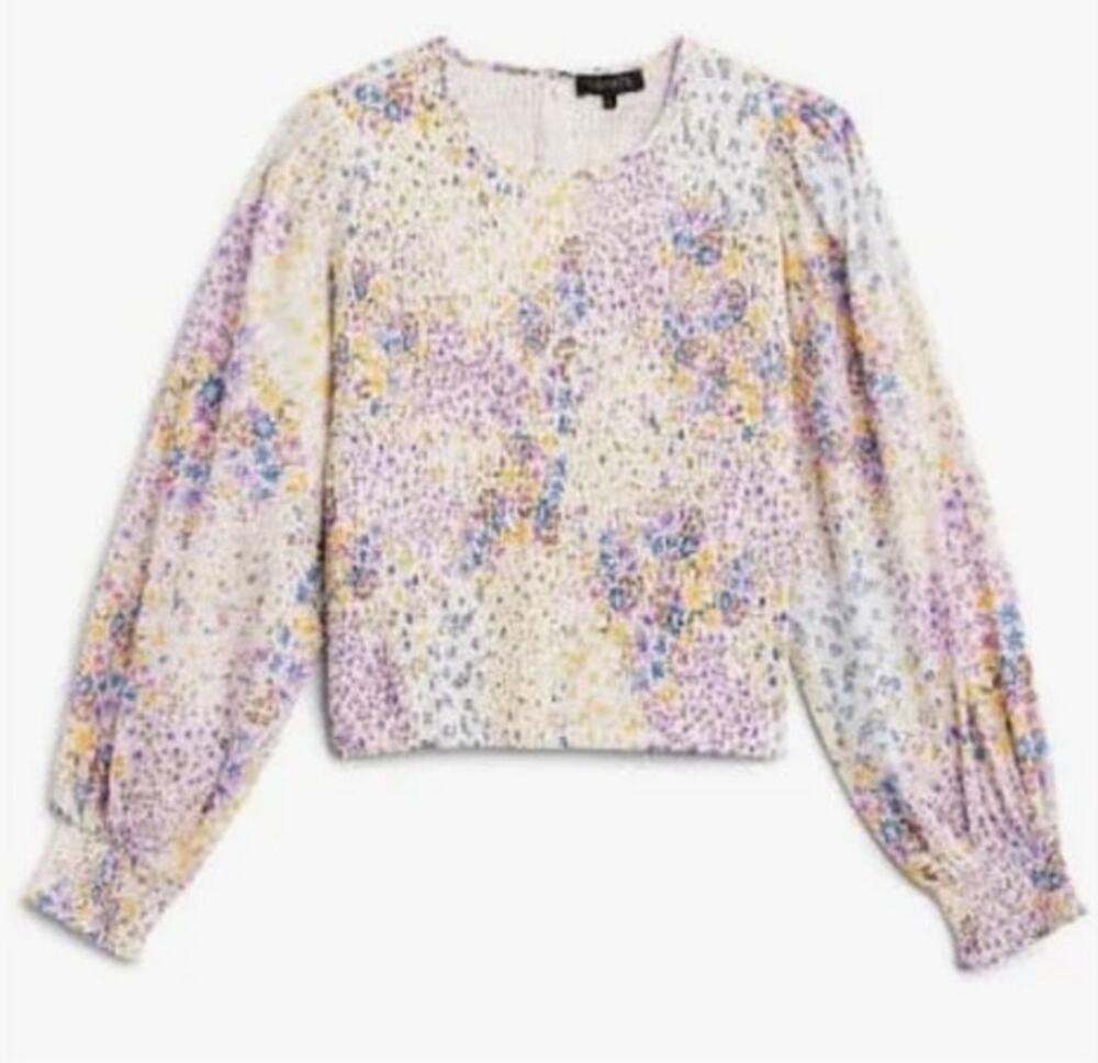 1. State Womens Long Sleeve Smocked Peasant Top Medium White Floral Frenzy